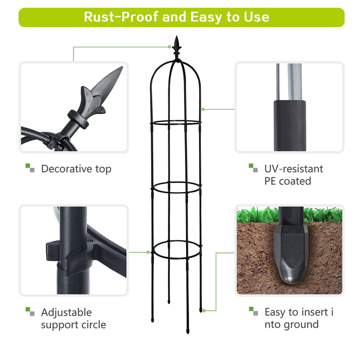 6.2 ft tall black garden obelisk trellis supporting climbing plants in flower bed - in-use lifestyle