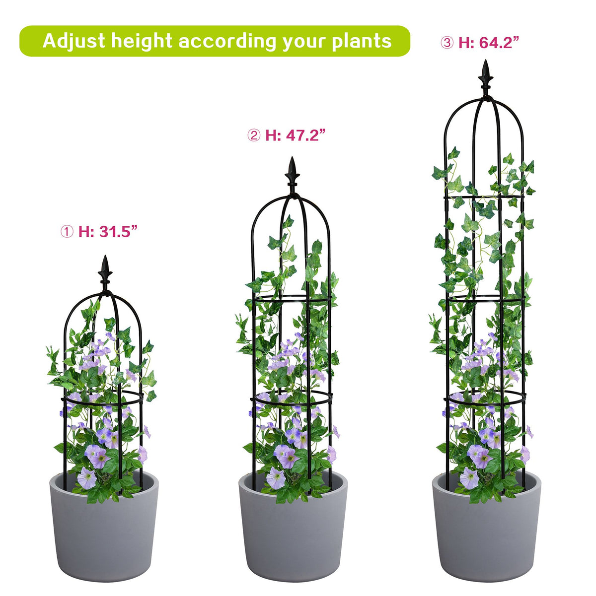 6.2 ft tall black garden obelisk trellis supporting climbing plants in flower bed - alternate angle
