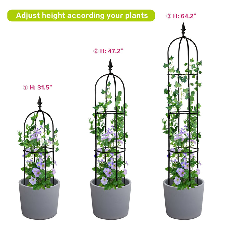 6.2 ft tall black garden obelisk trellis supporting climbing plants in flower bed - alternate angle