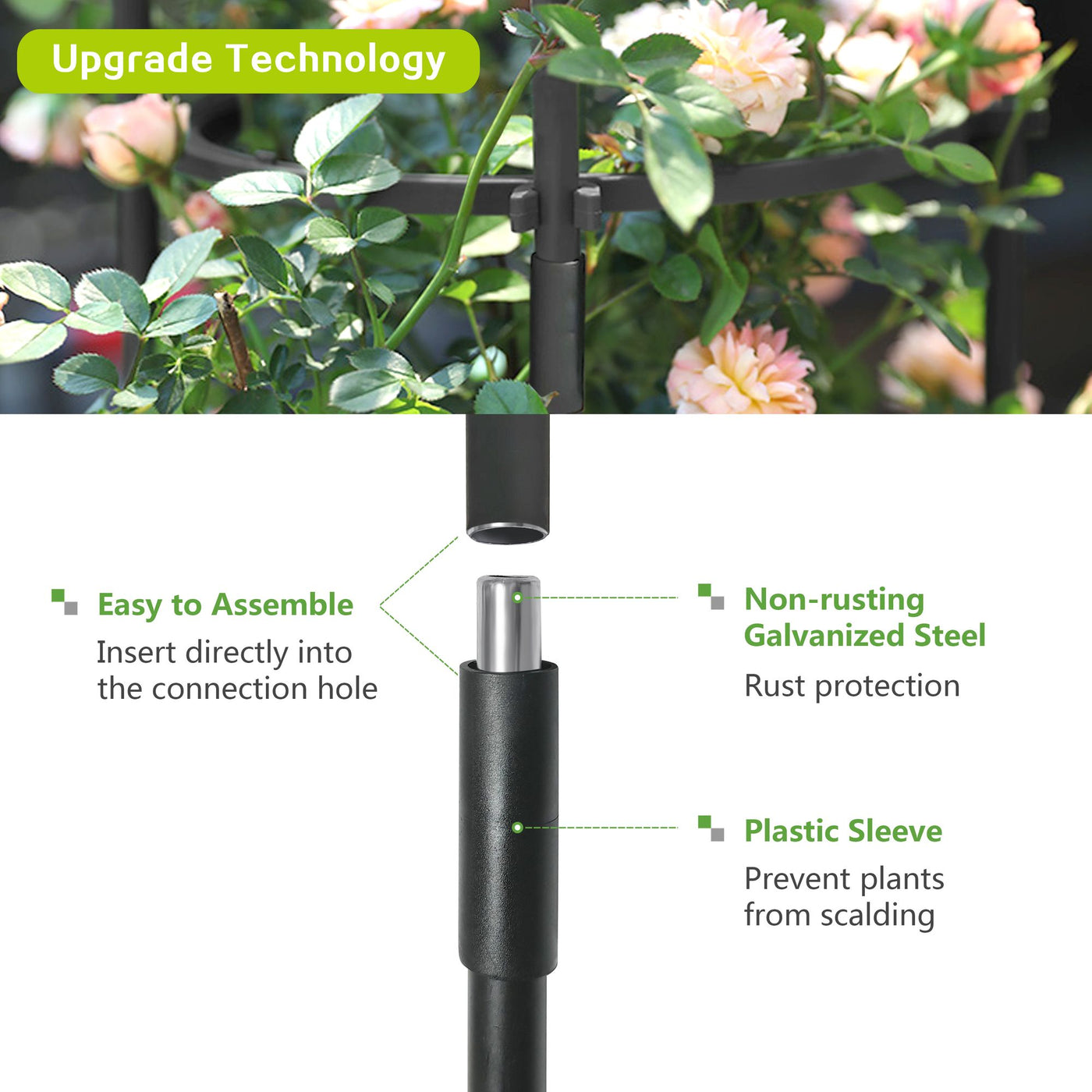 6.2 ft tall black garden obelisk trellis supporting climbing plants in flower bed - feature detail