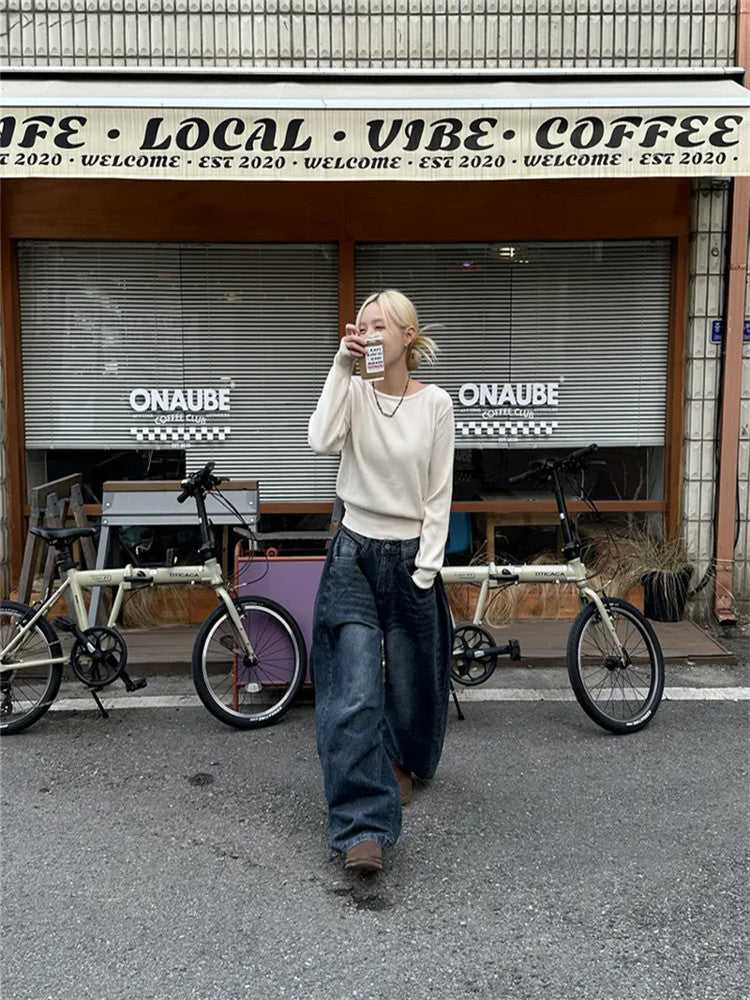 Women?s Retro Washed Wide-Leg Buttoned Hem Denim Jeans