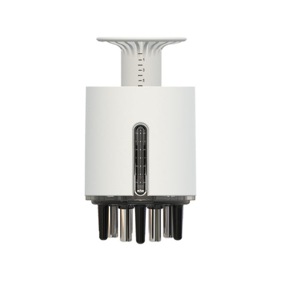 White scalp applicator comb with dosage markings and comb teeth