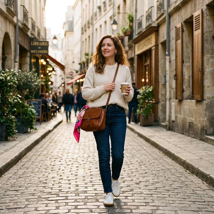 Stylish woman wearing a vintage top-grain leather crossbody bag on a sunlit European street