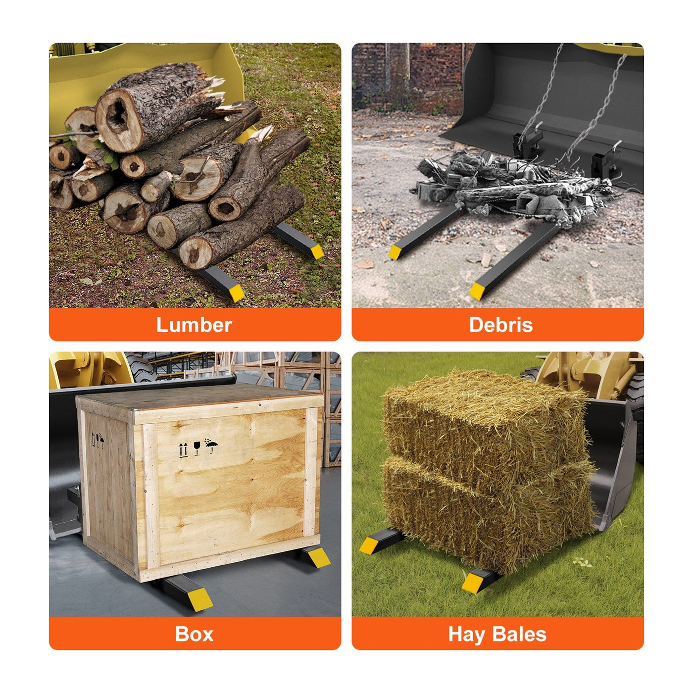 Heavy duty pallet forks shown attached to a loader