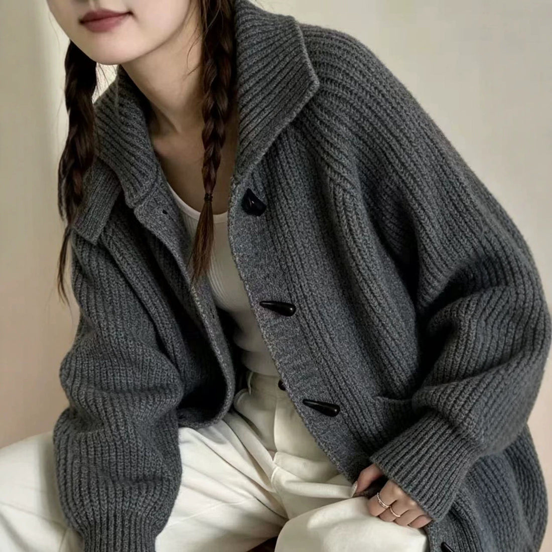 Women Knitted High Collar Cardigan Horn Button Thick Sweater