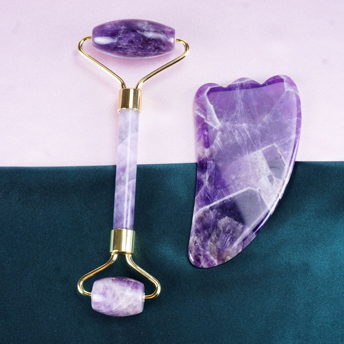Natural Amethyst Crystal Facial Massage Roller and Gua Sha Beauty Set