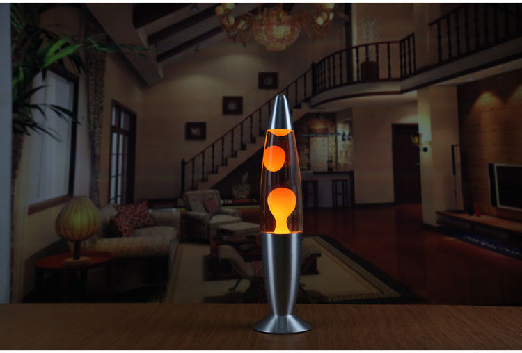 Wax motion lamp glowing in a dark living room