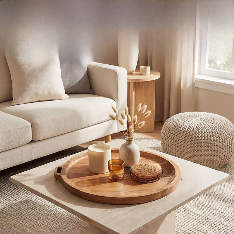 Solid Wood Oval Serving Tray with Handle Modern Decorative Tea Coffee Display Platter