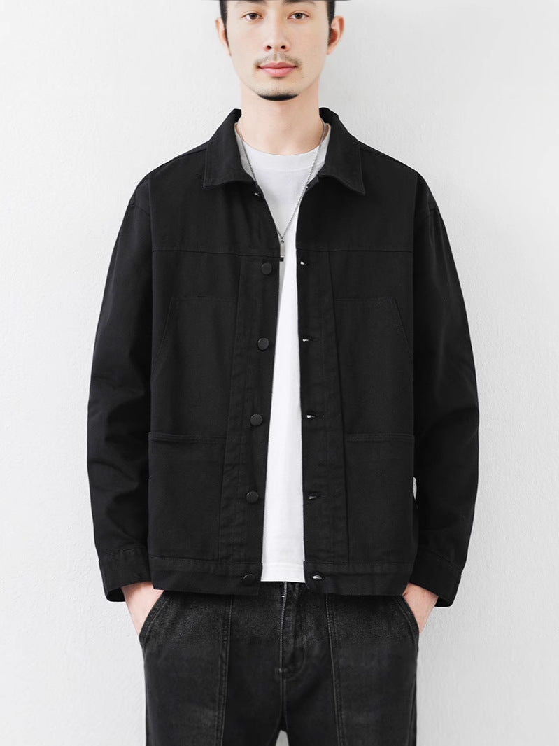 Men's Pure Cotton Lapel Jacket Solid Color Long Sleeve Casual Loose Coat