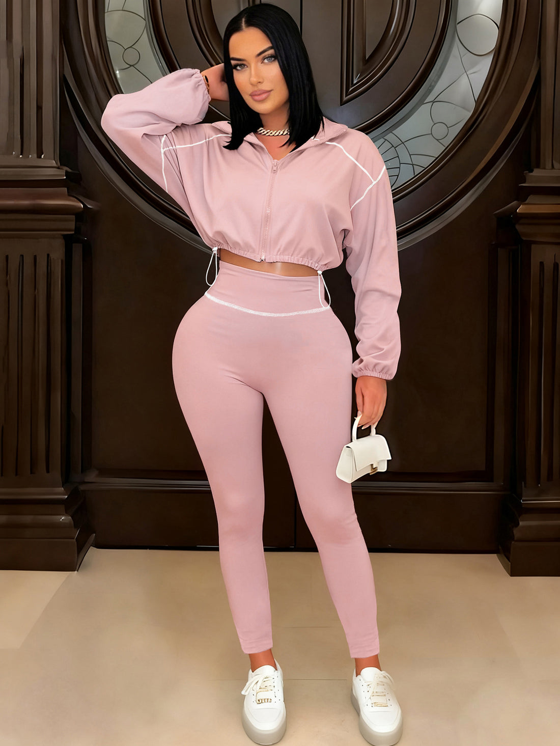 Women's Slim Fit Two Piece Tracksuit Set Long Sleeve Zip Up Top And Pants Casual Sportswear Outfit