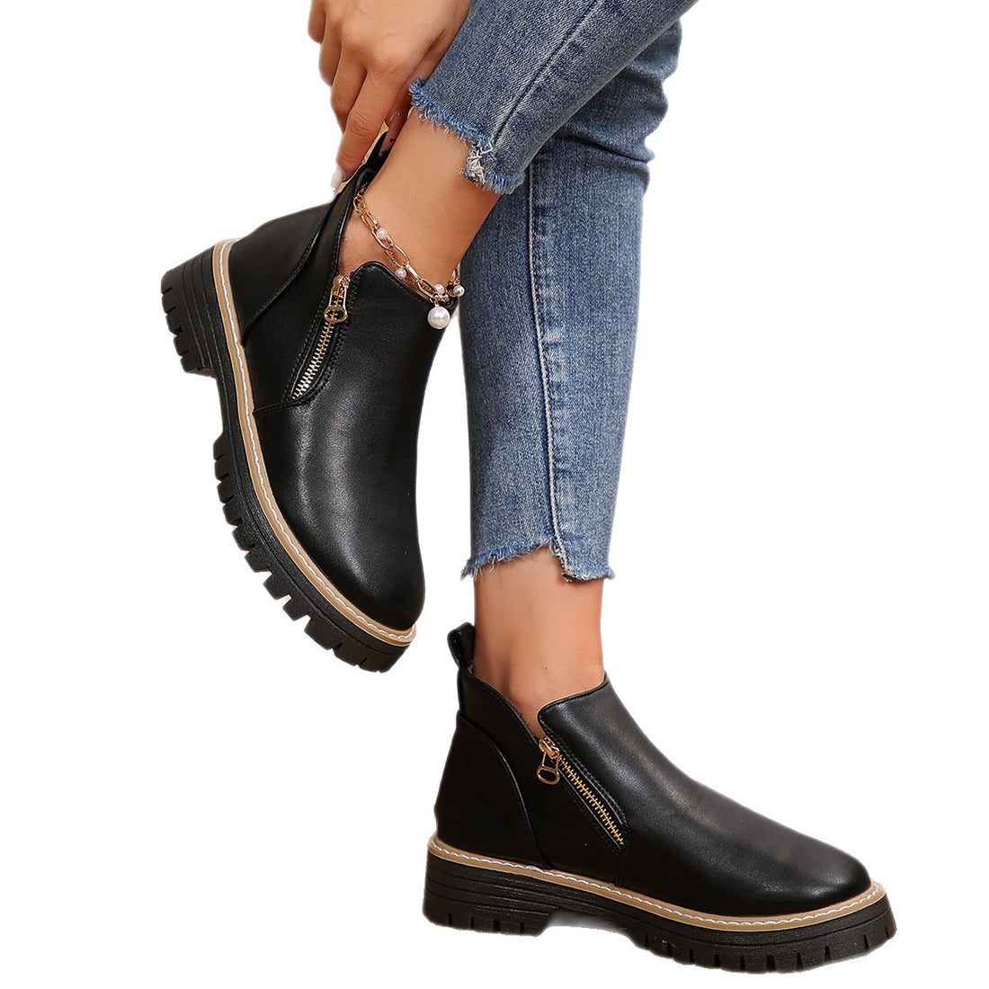 Women's Round Toe Side Zipper Square Heel Synthetic Leather Short Boots