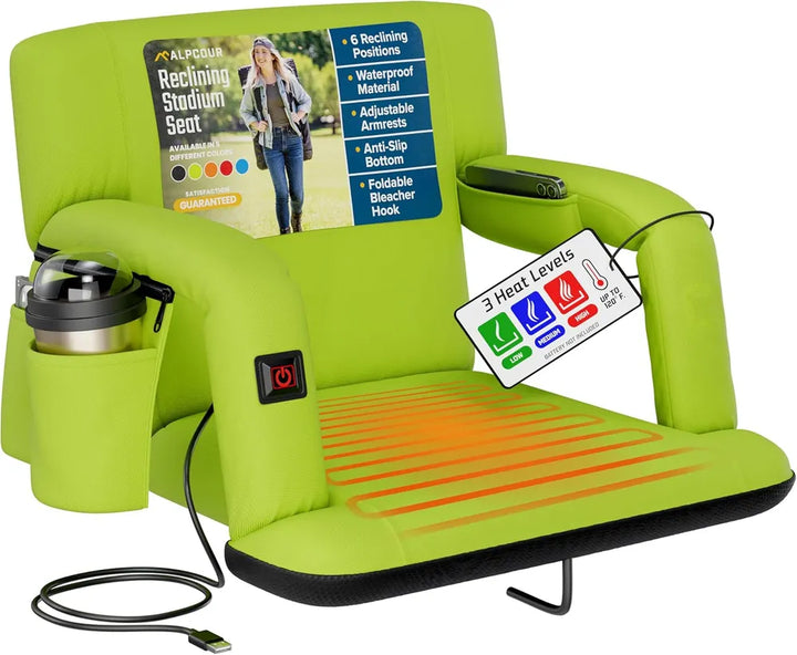 Heated stadium seat set up on bleacher bench