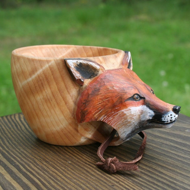 Kuksa wooden mug with painted red fox head handle, Fox style