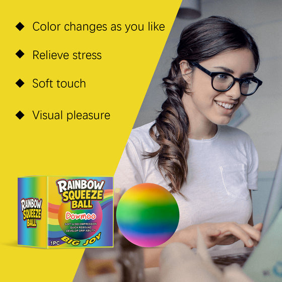 Woman at a laptop with rainbow stress ball, color-changing and soft-touch callouts