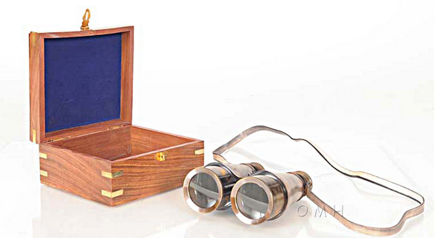 Brass Binoculars with Leather Overlay in Wooden Box