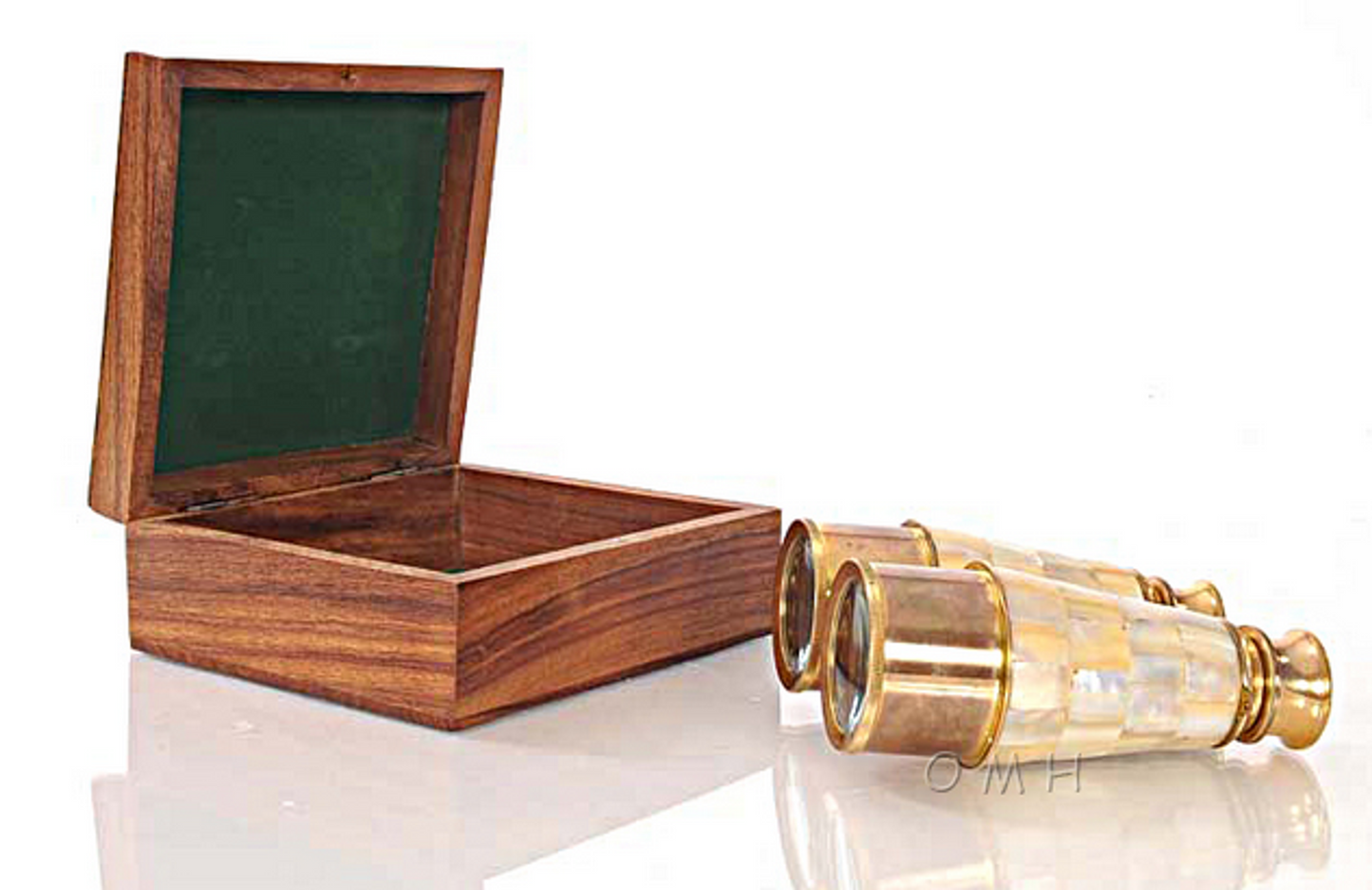 Brass Binoculars with Mother of Pearl Overlay in Wooden Box
