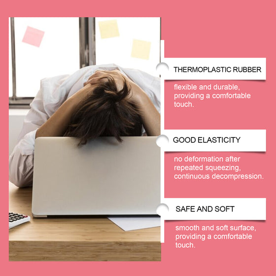 Tired office worker at a laptop with pig stress toy feature callouts