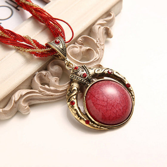 Vintage Braided Rope Pendant Necklace Bohemian Colorful Stone Jewelry