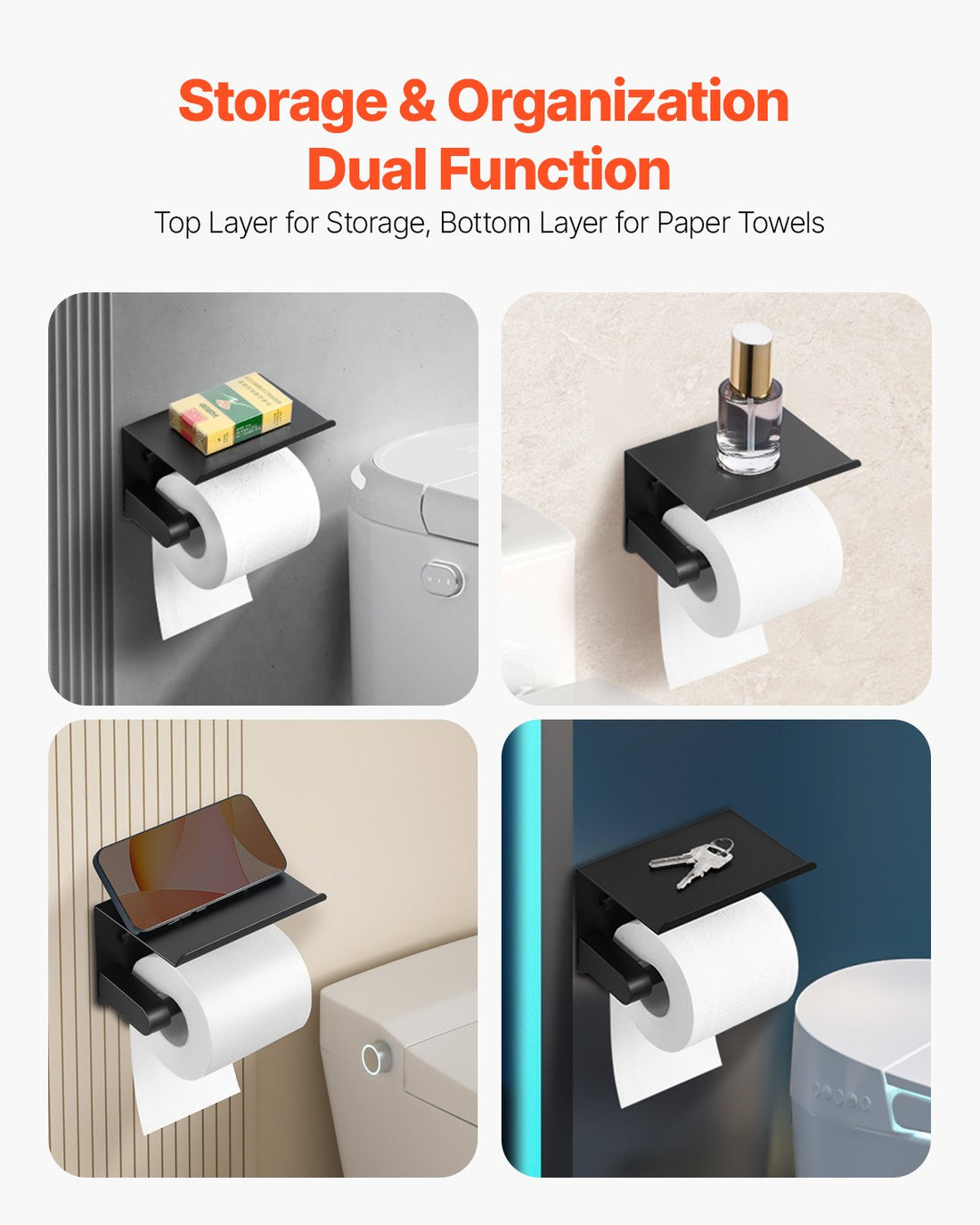 Toilet paper holder shelf storing items in four bathrooms