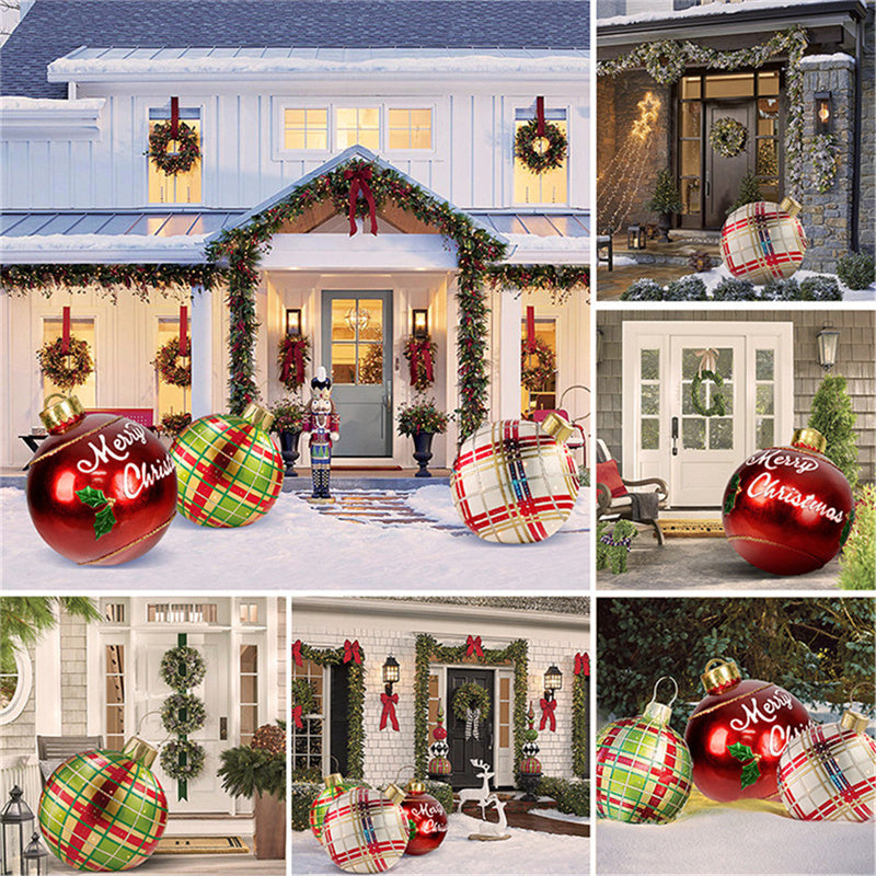 Collage of a house decorated with giant inflatable Christmas ornament balls