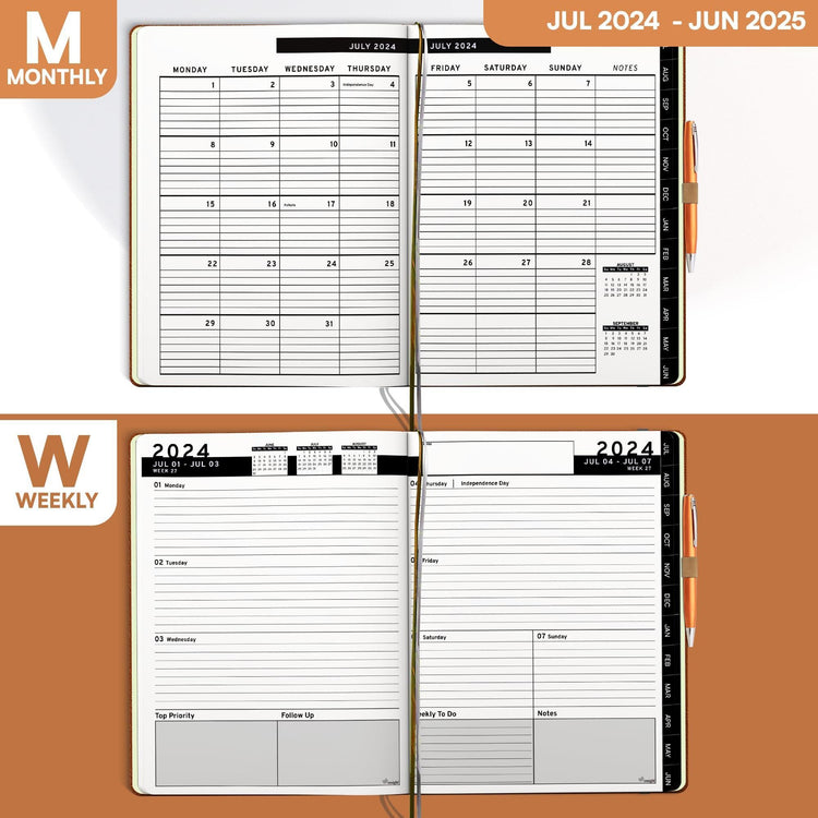 Hardcover leather planner, elastic closure band detail