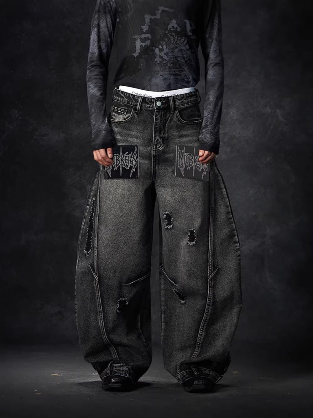 Punk-Style Distressed Ripped Denim Wide-Leg Pants