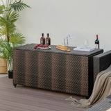 Wicker deck box with lid open showing storage space