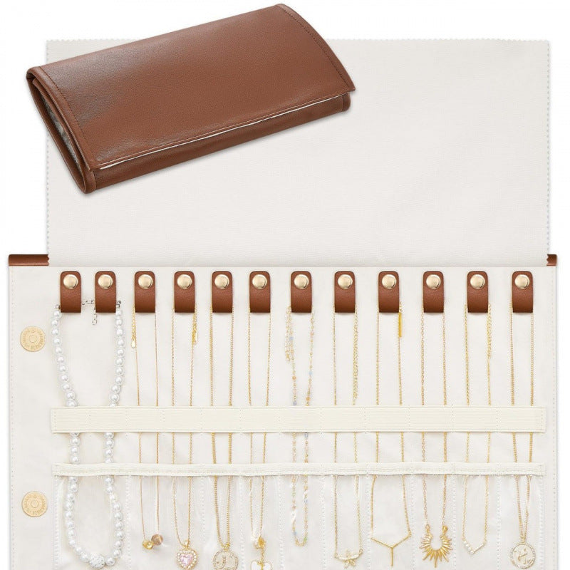 Foldable Leather Necklace Storage Organizer Roll-Up Travel Jewelry Bag