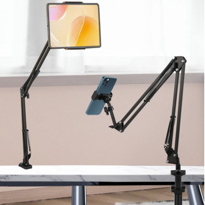 Folding bedside phone holder standing open in its upright viewing position