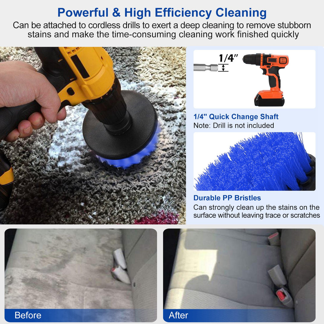 Blue drill brush cleaning car carpet, before and after