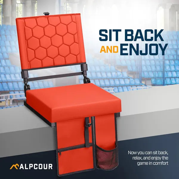 Folding reclining stadium seat full front view in red