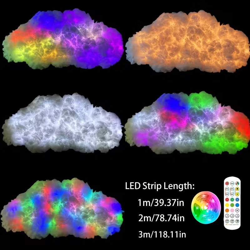 Five finished cloud lamps in different colors with the remote and strip length chart