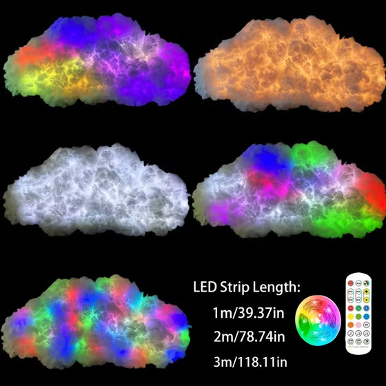 Five finished cloud lamps in different colors with the remote and strip length chart