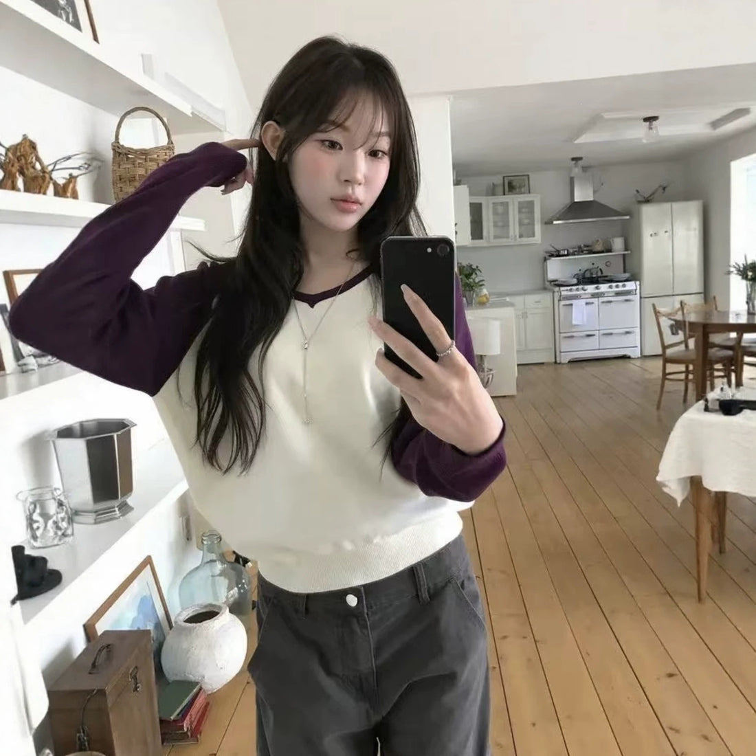 Women's V-neck colorblock long sleeve knitted sweater, photo 2