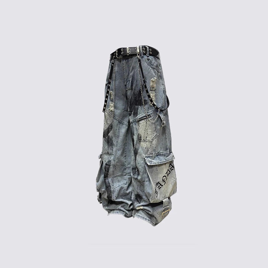 Men's Deconstructed Patchwork Multi-Pocket Ripped Wide-Leg Jeans