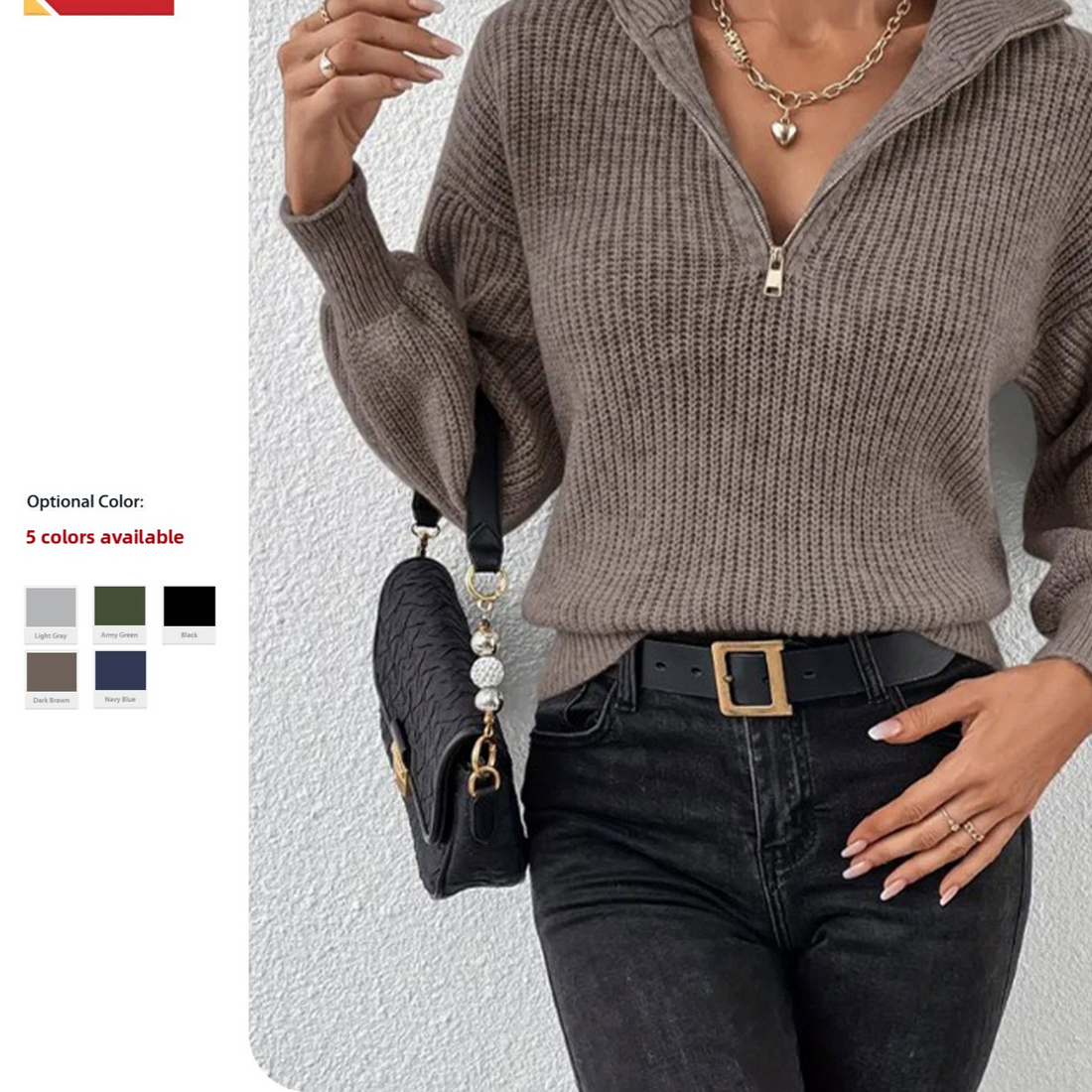 Solid Color Polo Collar Zipper Long Sleeve Knit Sweater for Women