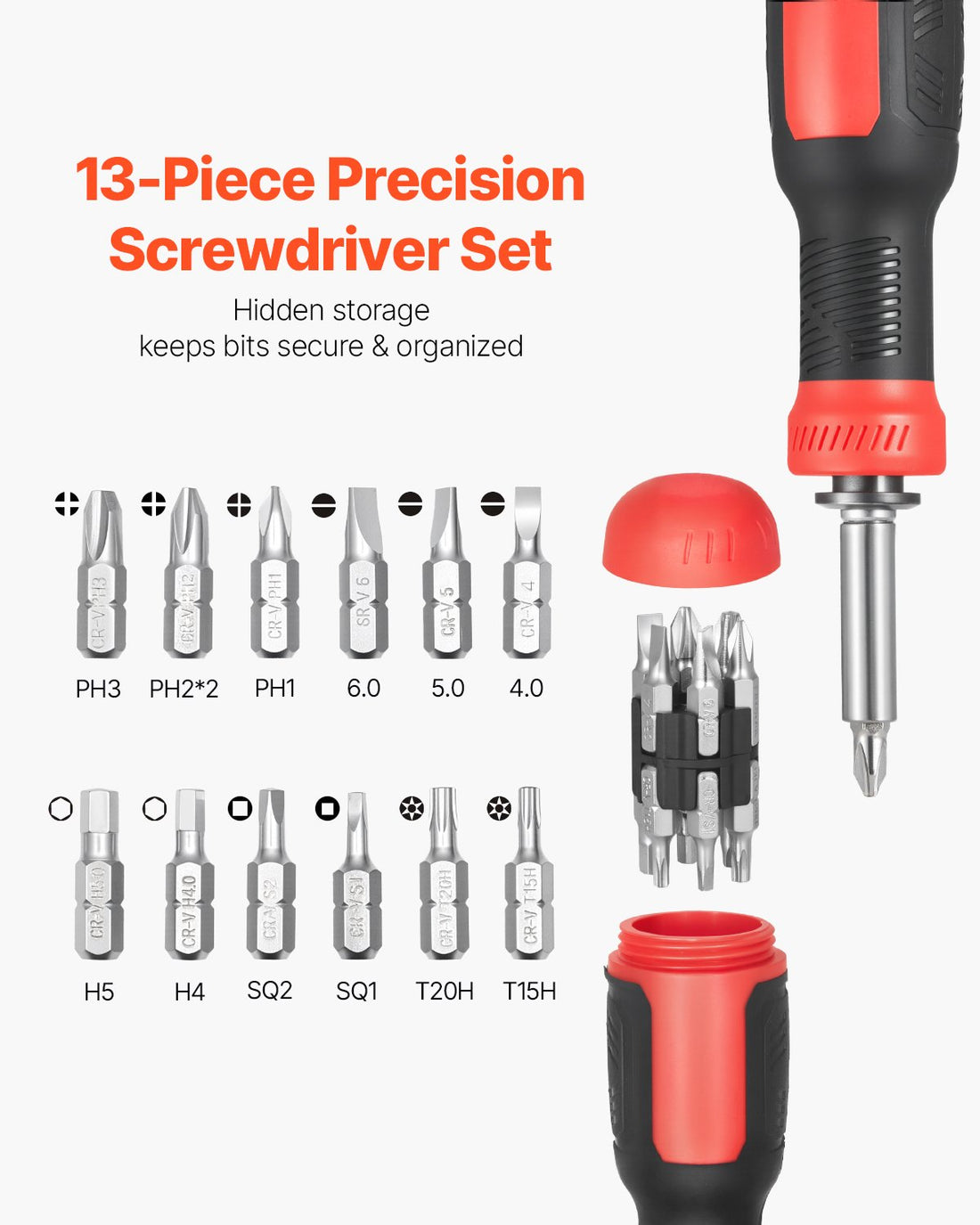13-piece screwdriver with bit types shown
