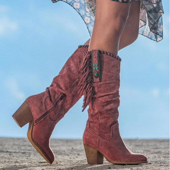 Women's high-heeled matte high-tassel boots