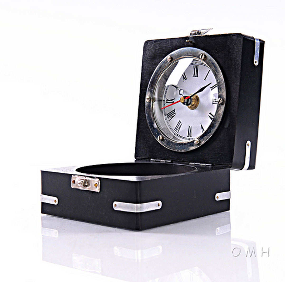 Brass Compass and Clock with Wooden Case