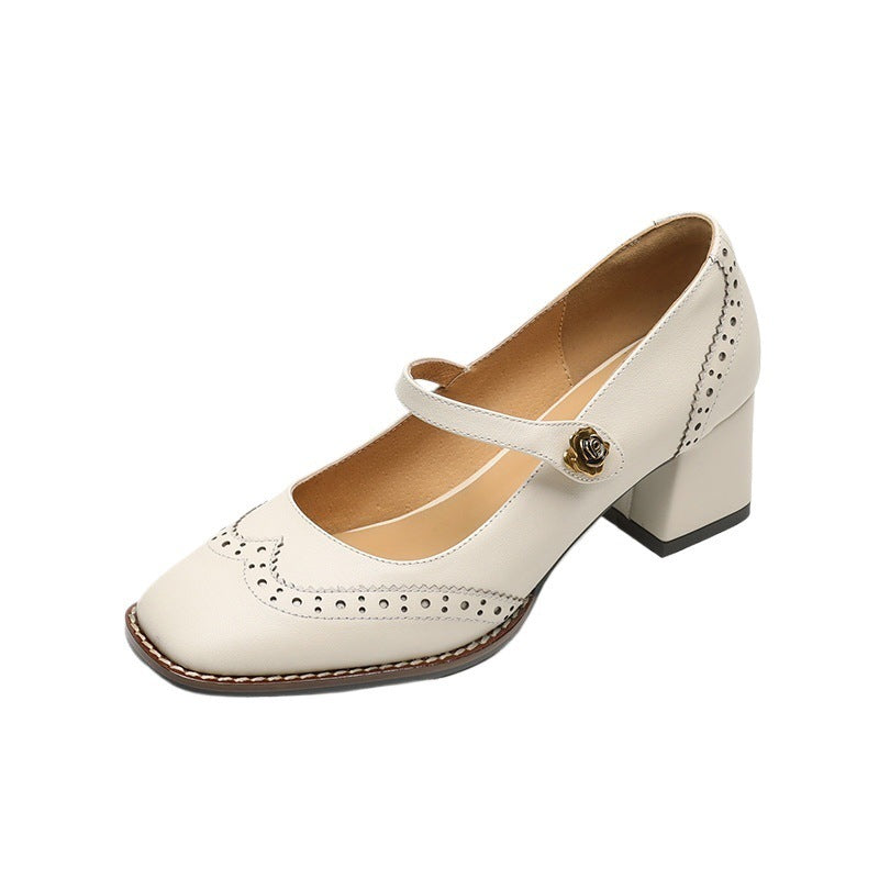 Women's Genuine Leather Brogue Chunky Heel Shoes