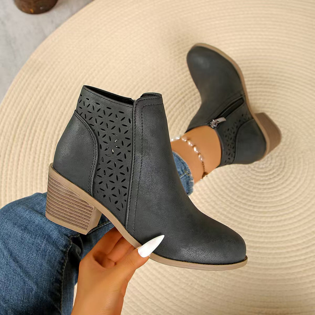 Women's Hollow Pointed Toe Low Heel Chelsea Boots with Side Zipper