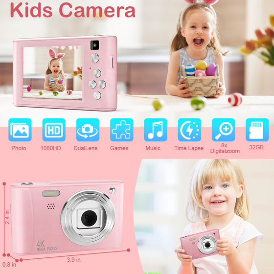 Pink kids camera size 3.9 x 2.4 x 0.8 in with photo, video, dual lens and game icons