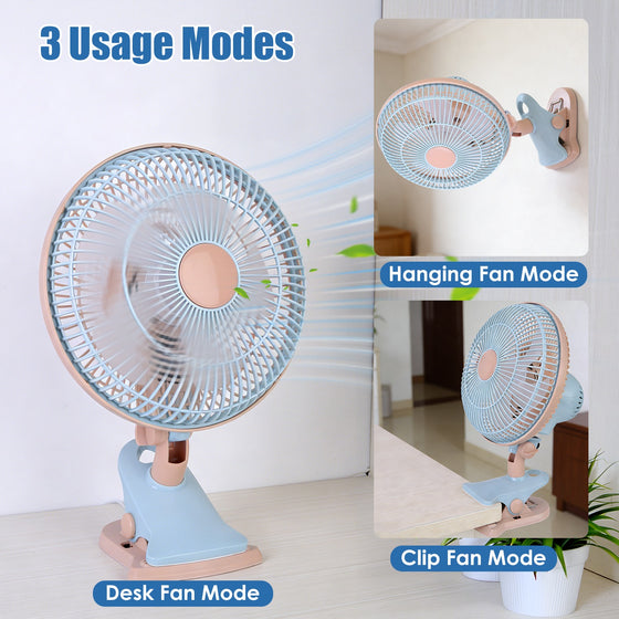 Clip-on fan in desk, hanging and clip modes