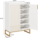 Shoe cabinet shown with shoes stored inside