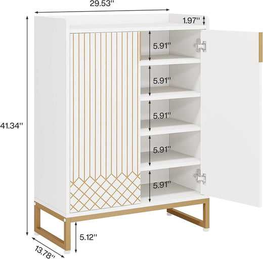 Shoe cabinet shown with shoes stored inside