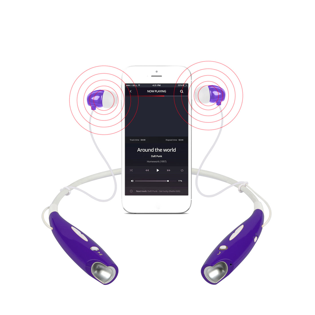 Purple neckband headphones next to a phone playing music