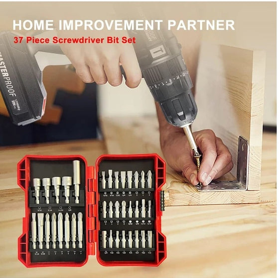 Drill and the 37-piece bit set on a workbench