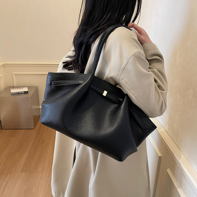 Women's Solid Color PU Tote Bag Casual Versatile Shoulder Handbag with Magnetic Buckle