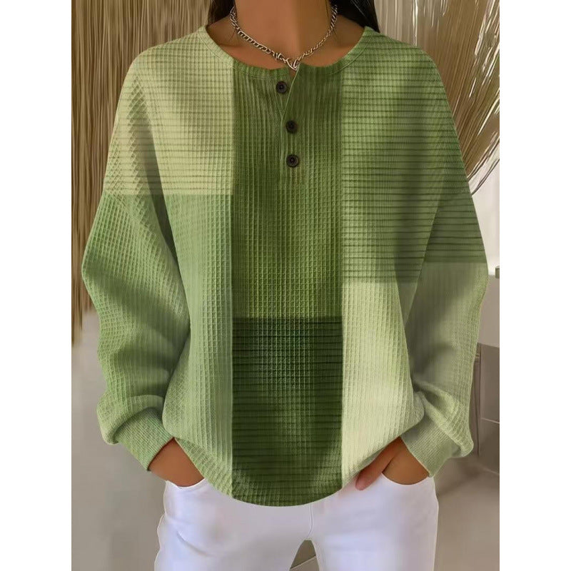 Women's 3D Printed Slim Fit Waffle Knit Stand Collar Long Sleeve Polo Shirt