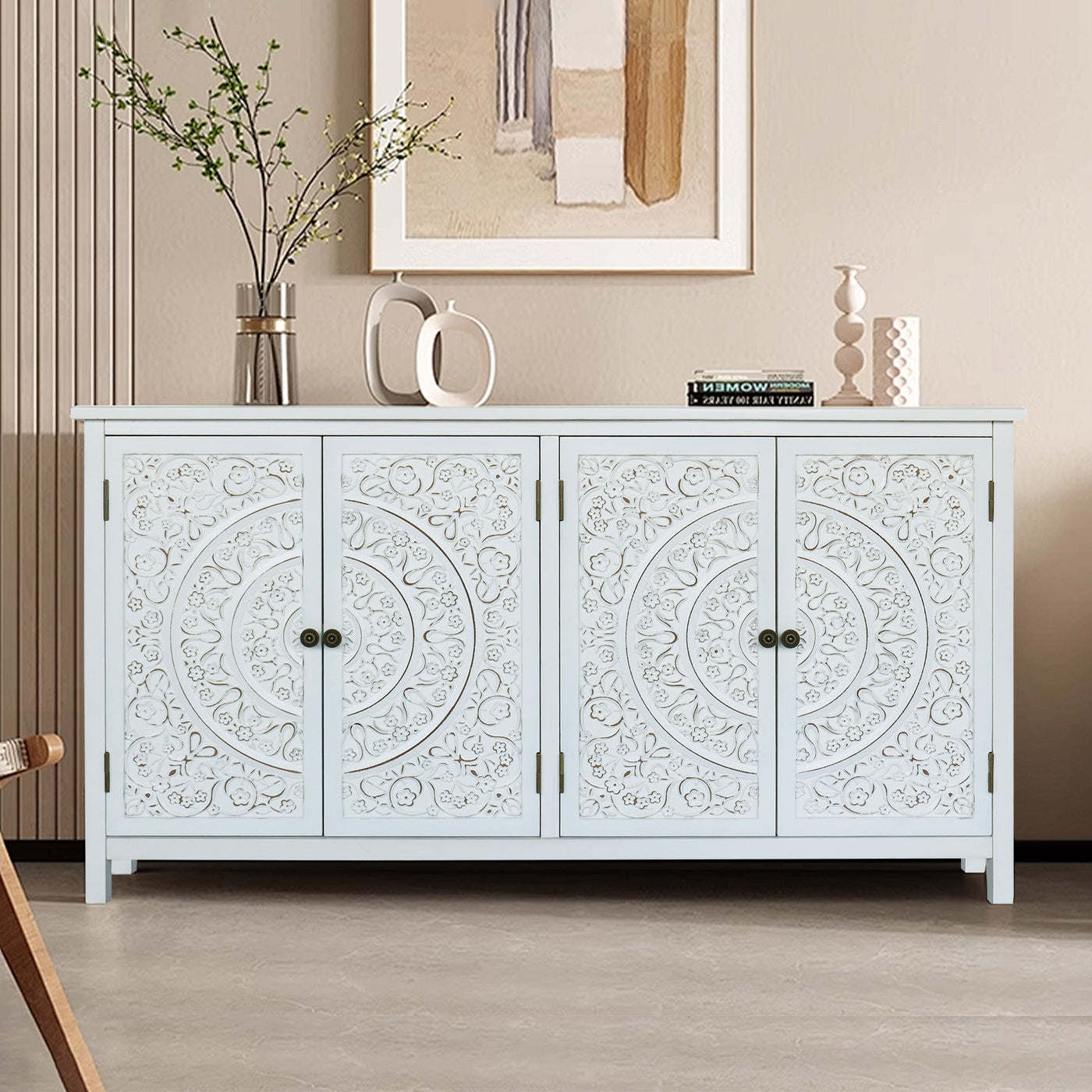 60 Inch White Accent Cabinet Rustic Wood Sideboard